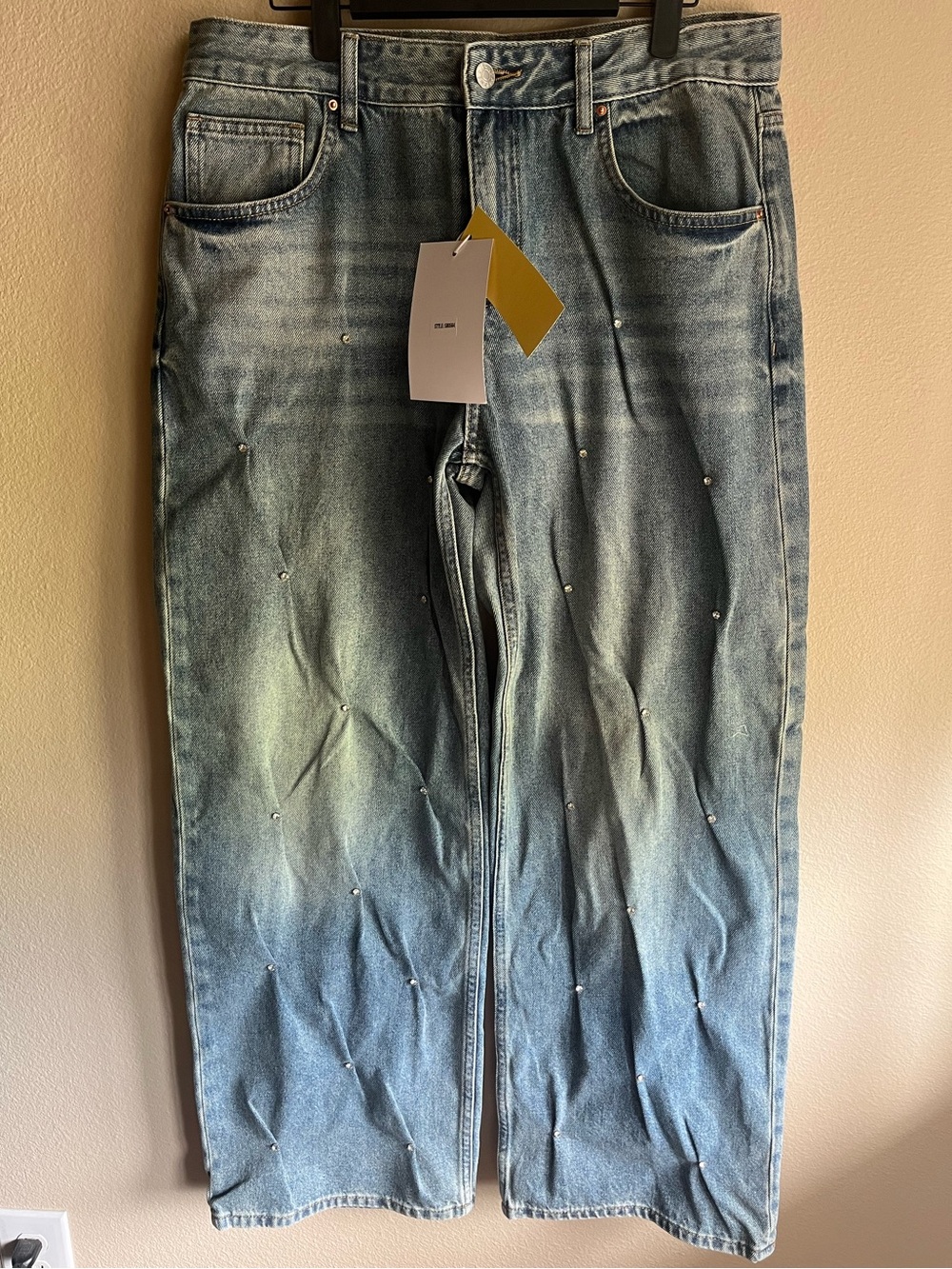 Relaxed Light Blue Denim Jumpsuit-Style Pants with Stud Details